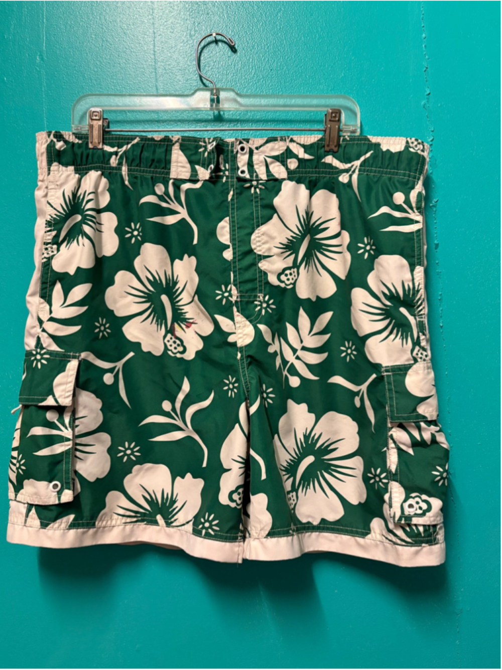 Men's Faded Glory Swim Trunks Size M Green White Floral